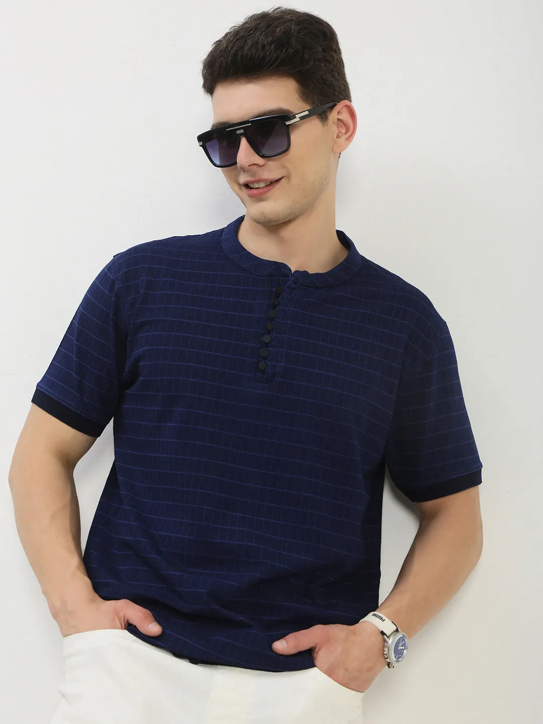 Cozy Style Casual Outerwear Men's Navy Blue Checked Henley Collar T-Shirt