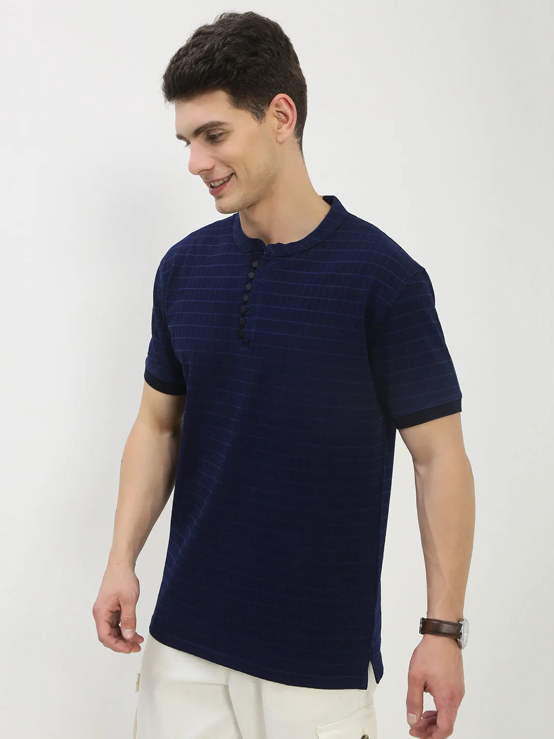 Men's Navy Blue Checked Henley Collar T-Shirt Premium Comfort product yoga friendly flexibility
