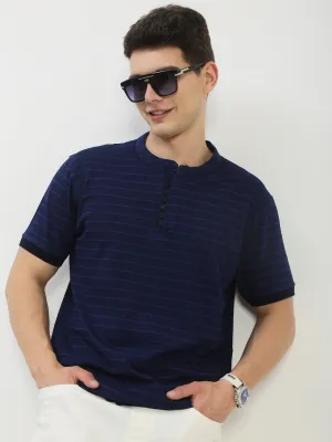 Cozy Style Casual Outerwear Men's Navy Blue Checked Henley Collar T-Shirt