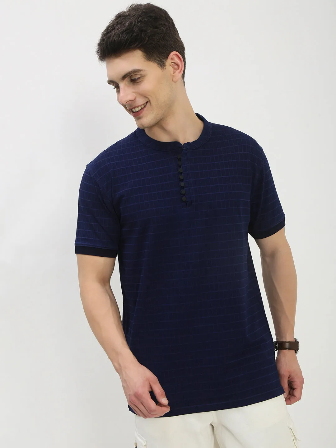 product gym readiness Men's Navy Blue Checked Henley Collar T-Shirt