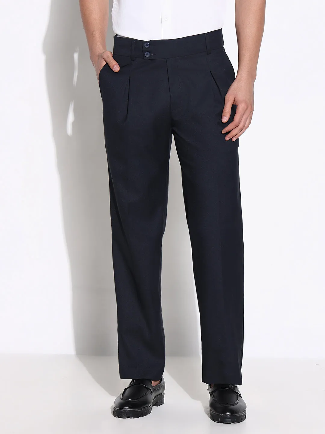 Men's Navy Blue Comfort Low-Rise Pleated Trousers Sporty Comfort Fit