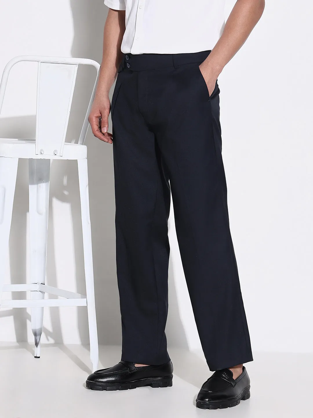 Men's Navy Blue Comfort Low-Rise Pleated Trousers Comfy Material
