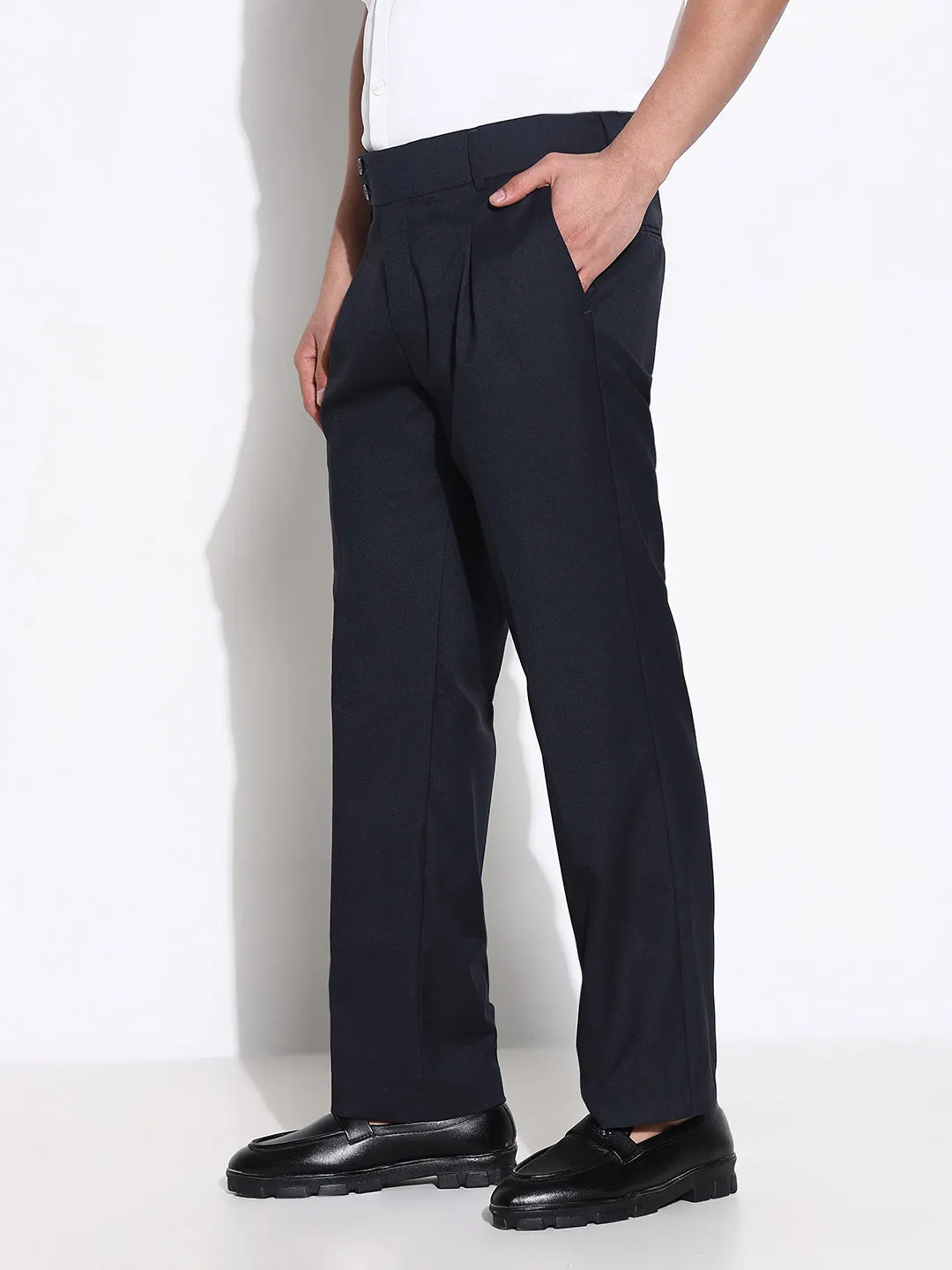 ReinforcedHemline Soft Wear Men's Navy Blue Comfort Low-Rise Pleated Trousers