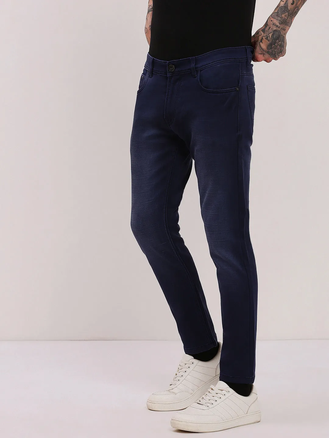 Men's Navy Blue Comfort Slim Fit Low-Rise Light Fade Cotton Jeans Comfortable Choice