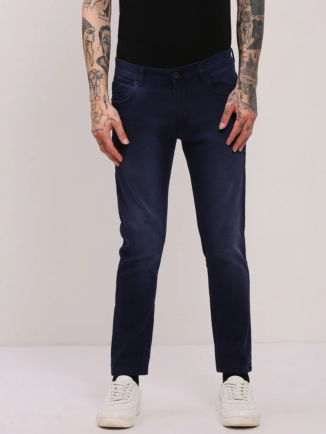 Fashion Routine Comfortable Style Men's Navy Blue Comfort Slim Fit Low-Rise Light Fade Cotton Jeans