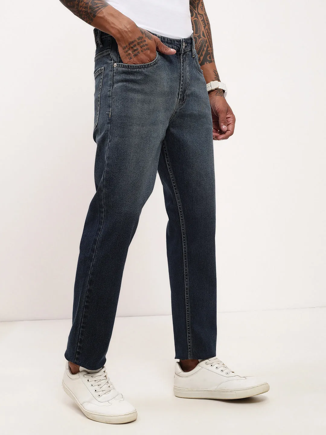 Men's Navy Blue Comfort Straight Fit Low-Rise Heavy Fade Acid Wash Stretchable Jeans Unisex Attire