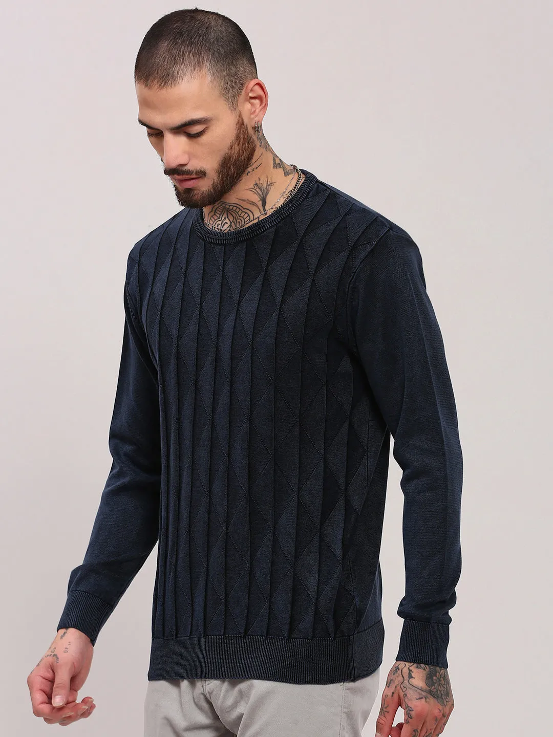 Men's Navy Blue Geometric Sweater Breathable Yarn Ready To Go