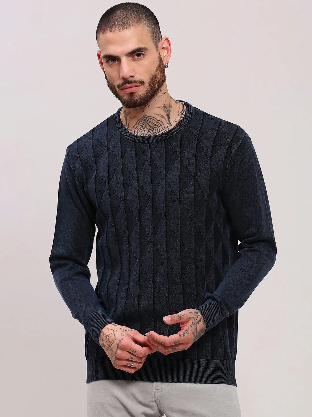 Subtle Fit Essential Drape Men's Navy Blue Geometric Sweater