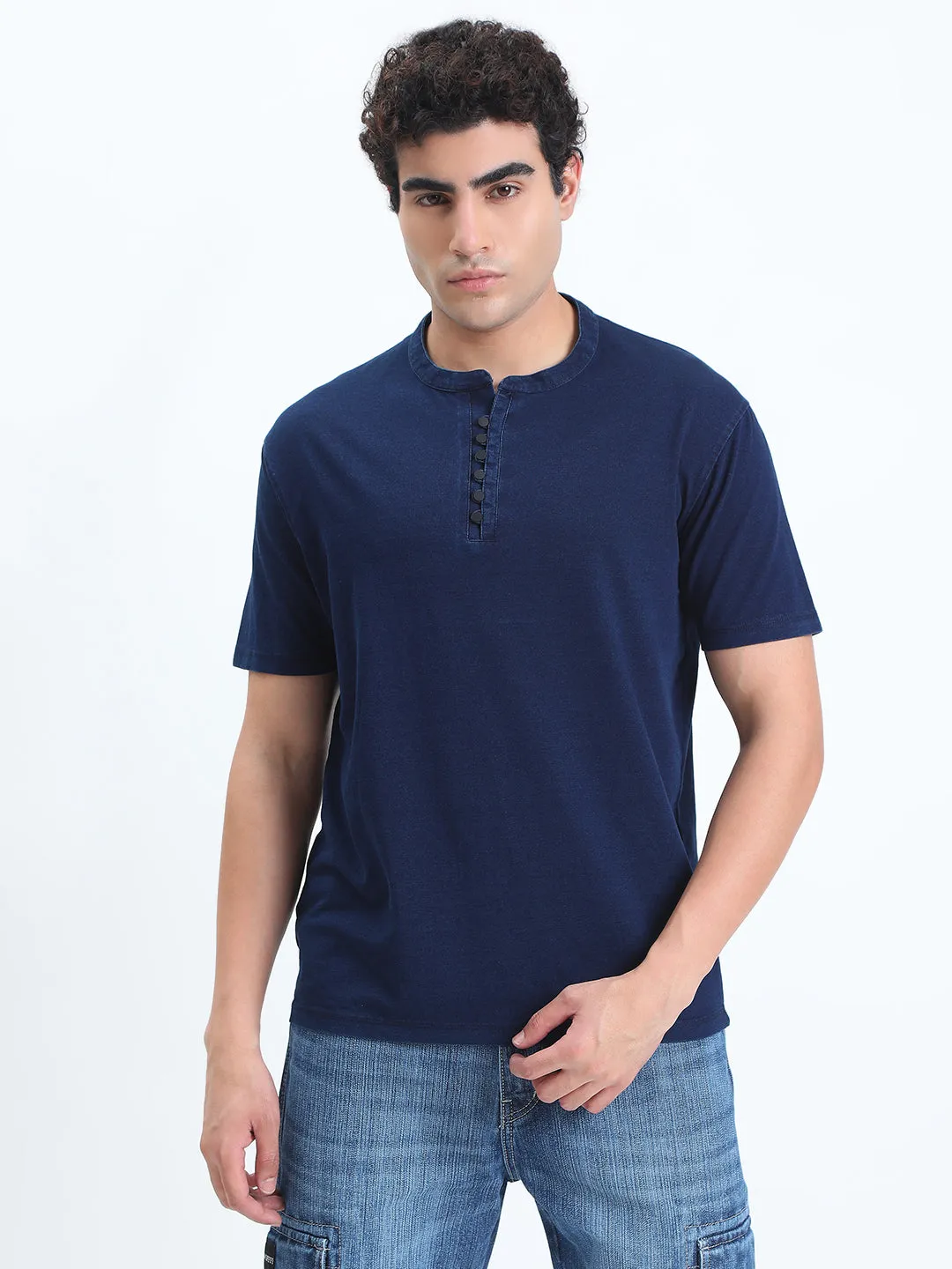 NonBindingEdges Men's Navy Blue Henley Collar Regular Fit T-Shirt