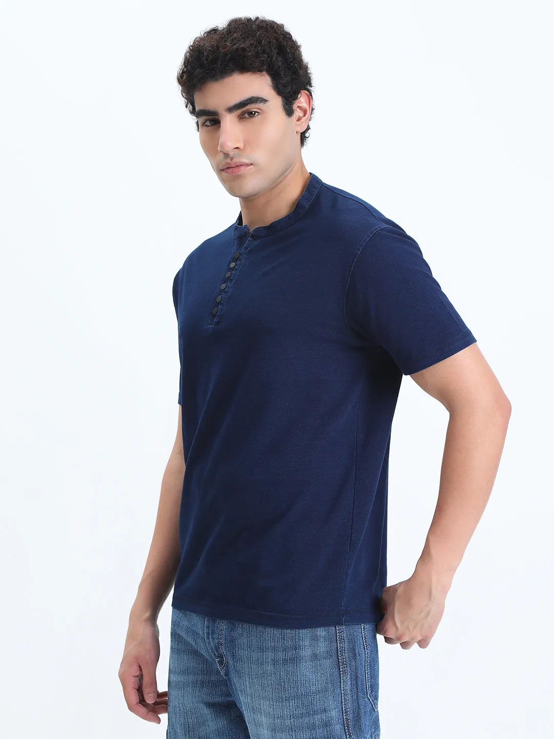 FastDrying Inner Layer FlexibleFit Men's Navy Blue Henley Collar Regular Fit T-Shirt