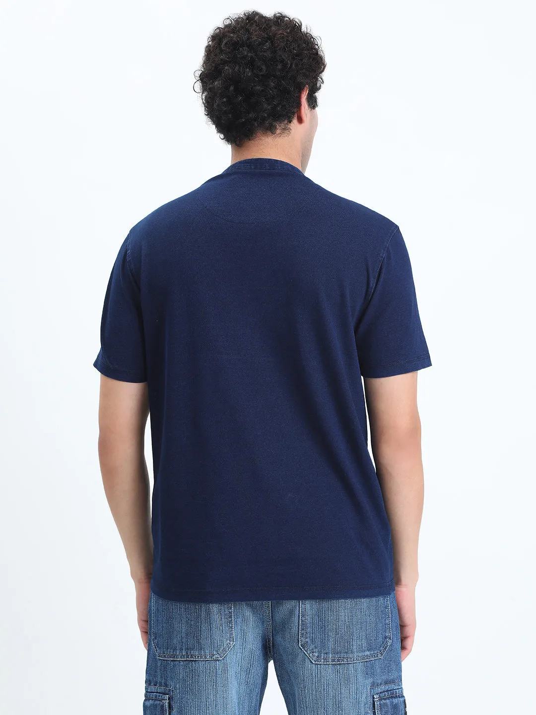 Men's Navy Blue Henley Collar Regular Fit T-Shirt Stone Glow
