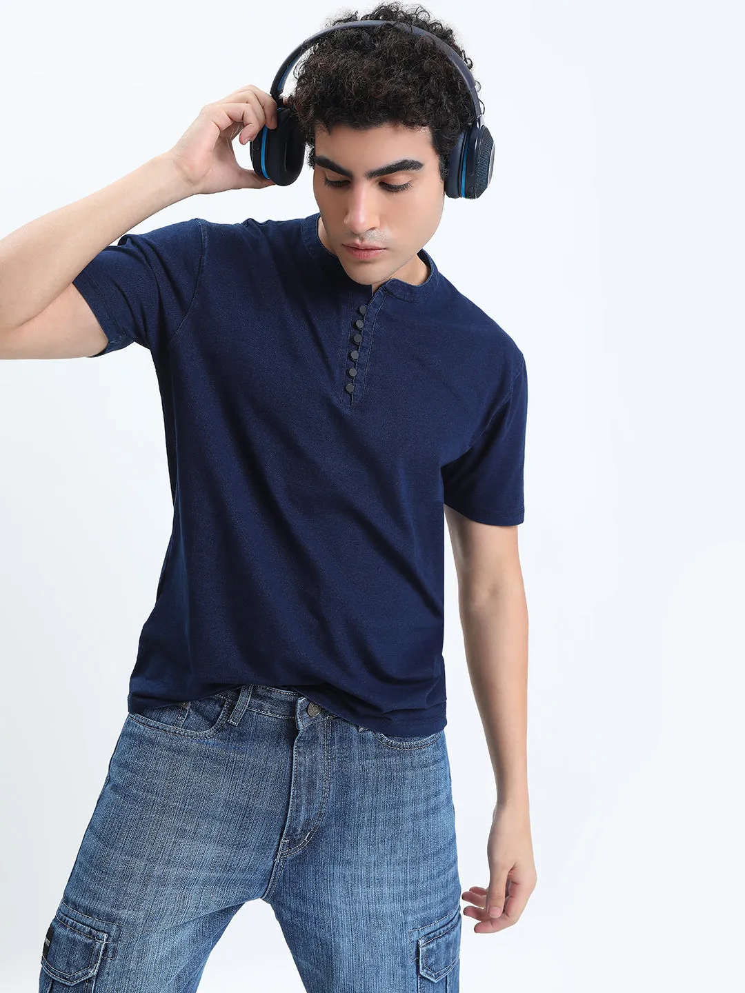 Men's Navy Blue Henley Collar Regular Fit T-Shirt Glass Fit Dynamic Glow