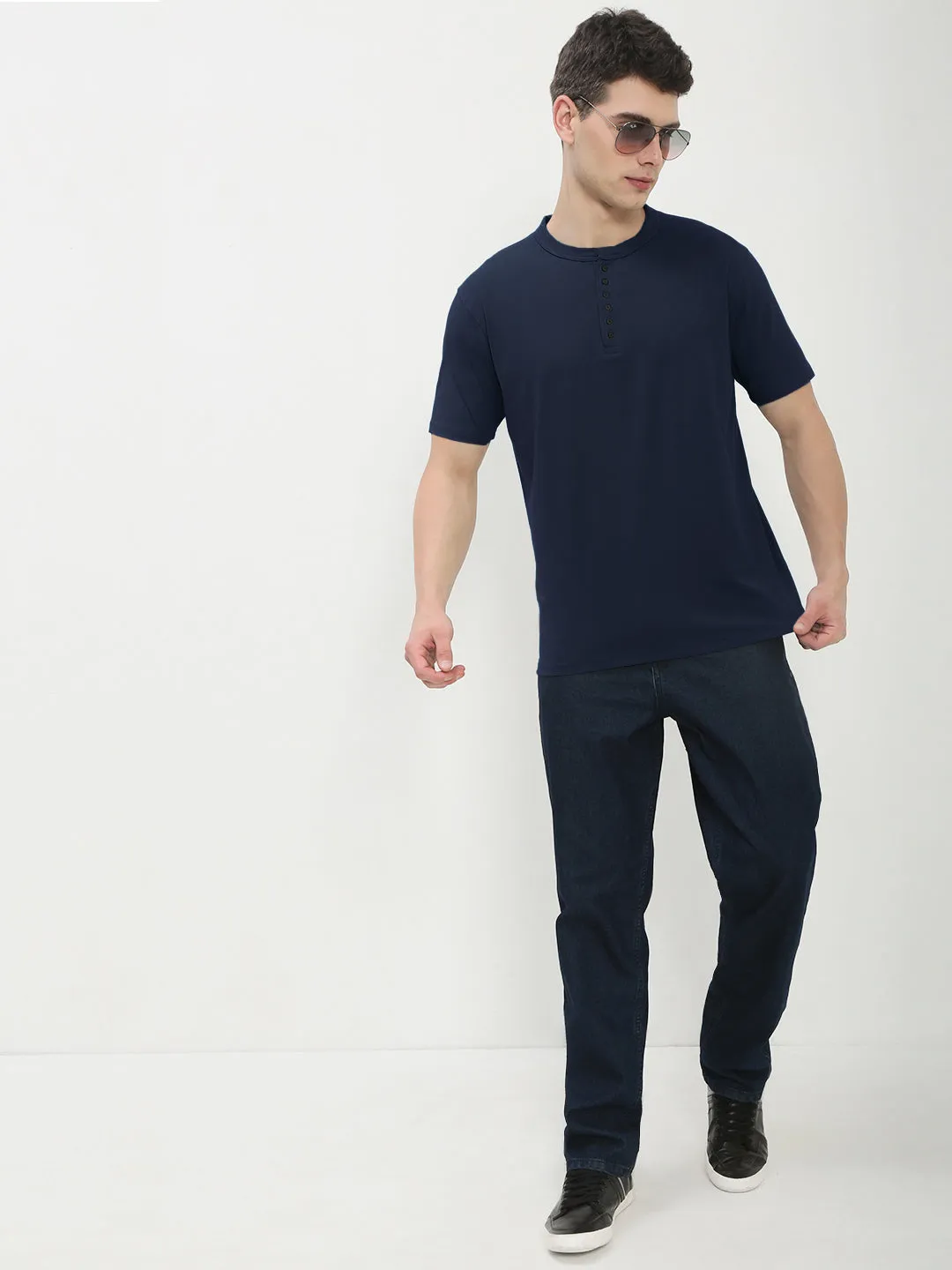 Men's Navy Blue Henley Collar Slim Fit T-Shirt Modern Bold