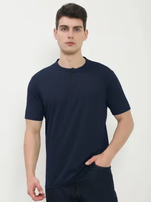 Men's Navy Blue Henley Collar Slim Fit T-Shirt budget-friendly Soft Feel