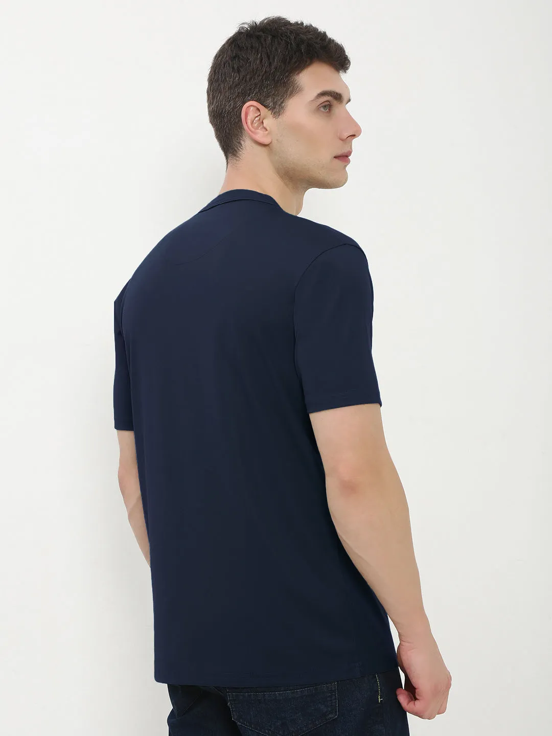 product launch Anti-static Men's Navy Blue Henley Collar Slim Fit T-Shirt