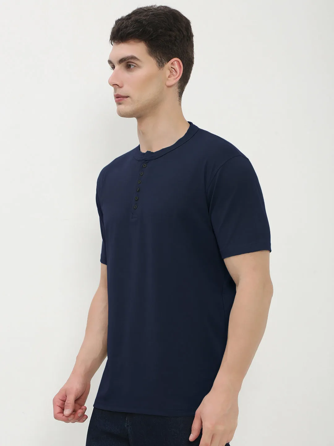 Men's Navy Blue Henley Collar Slim Fit T-Shirt product festival wearability Festival wear