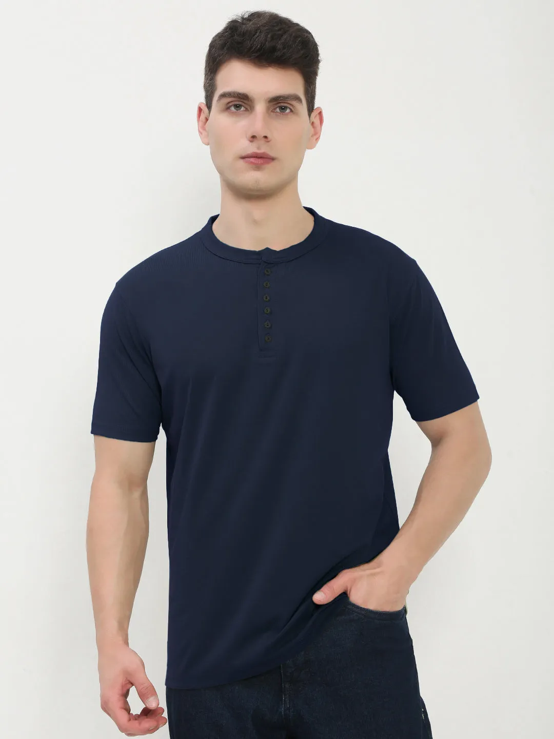 Men's Navy Blue Henley Collar Slim Fit T-Shirt budget-friendly Soft Feel