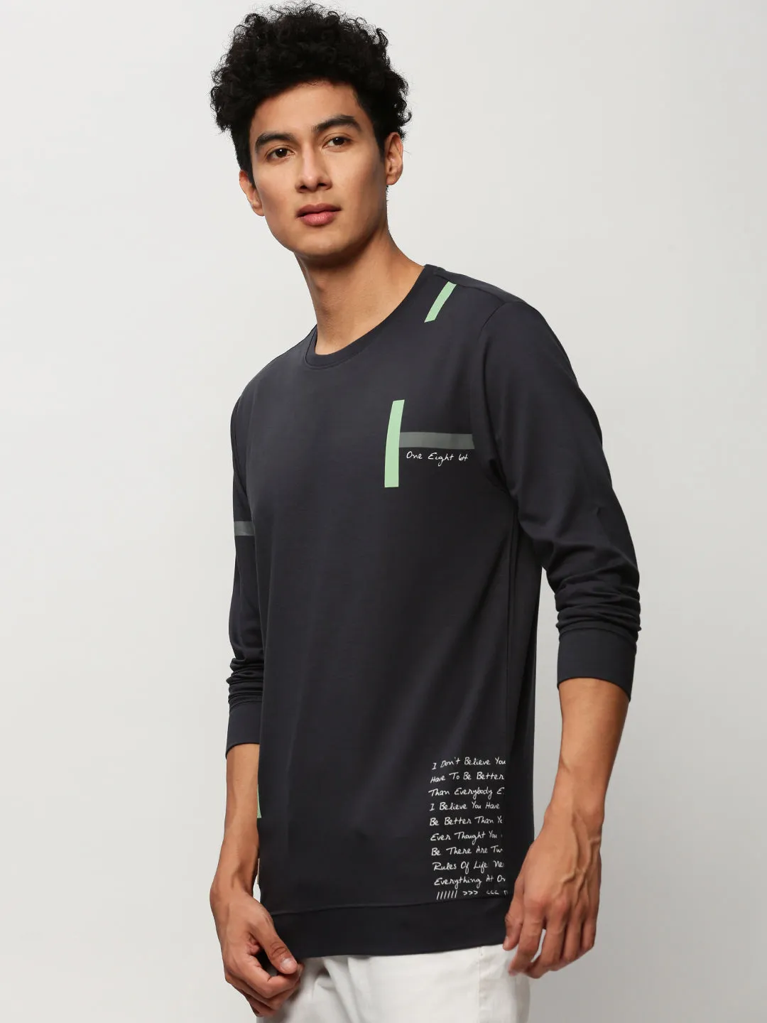 Urban Fashion Men's Navy Blue Printed Round Neck Cotton Sweatshirt