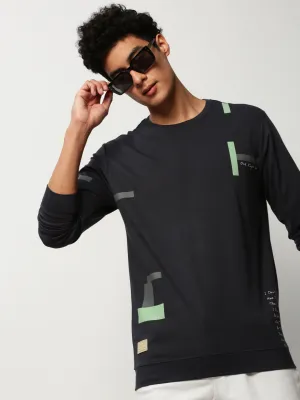 sunny day wear Men's Navy Blue Printed Round Neck Cotton Sweatshirt