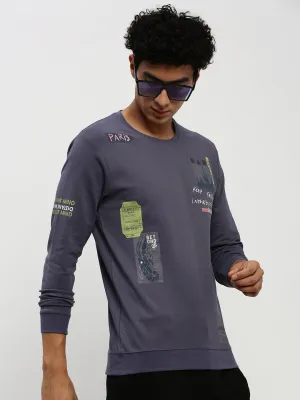 Trendy Vibes patch accents Men's Navy Blue Printed Round Neck Cotton Sweatshirt