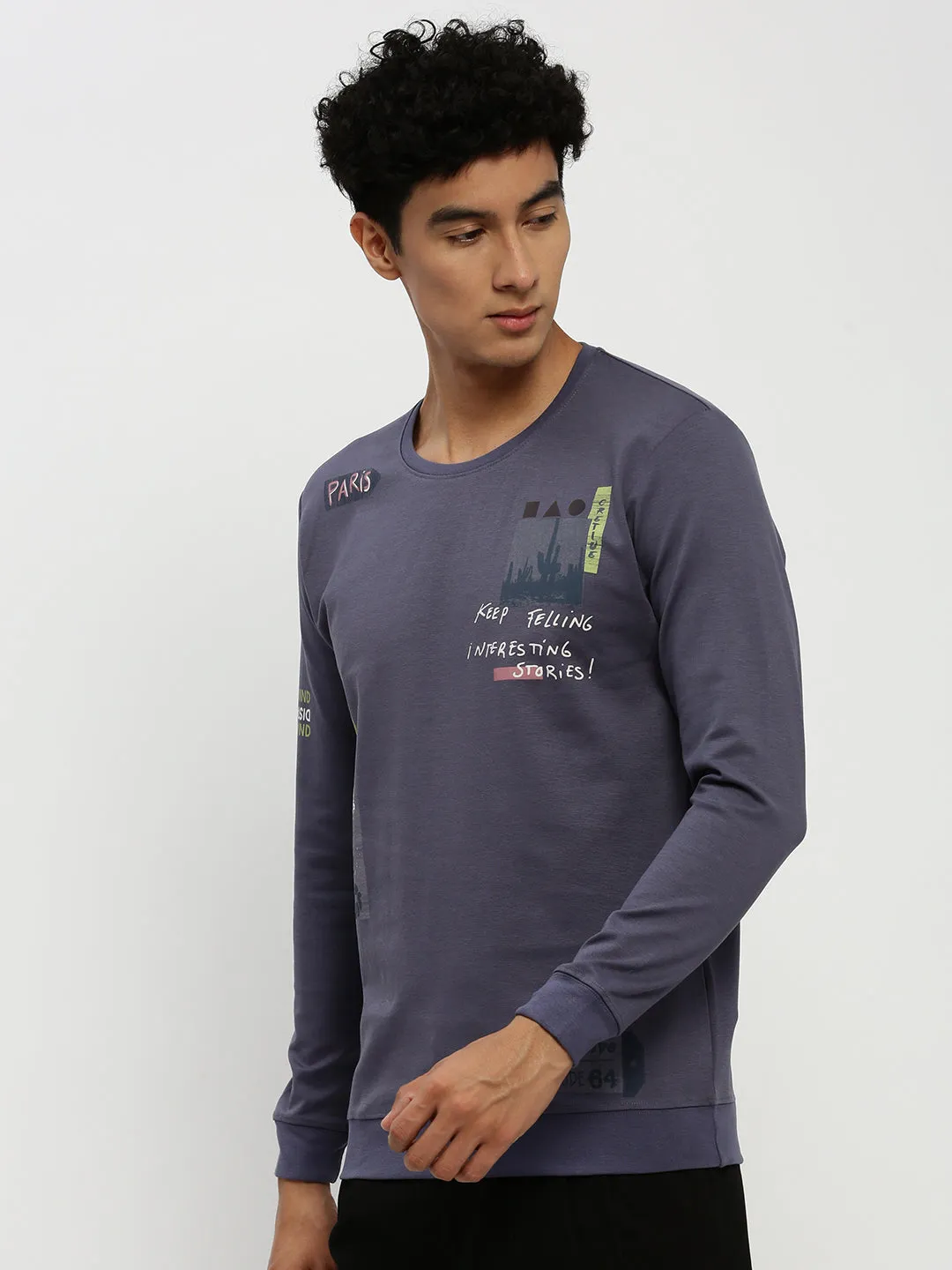 Pastel Shade product rhinestone glamour Men's Navy Blue Printed Round Neck Cotton Sweatshirt