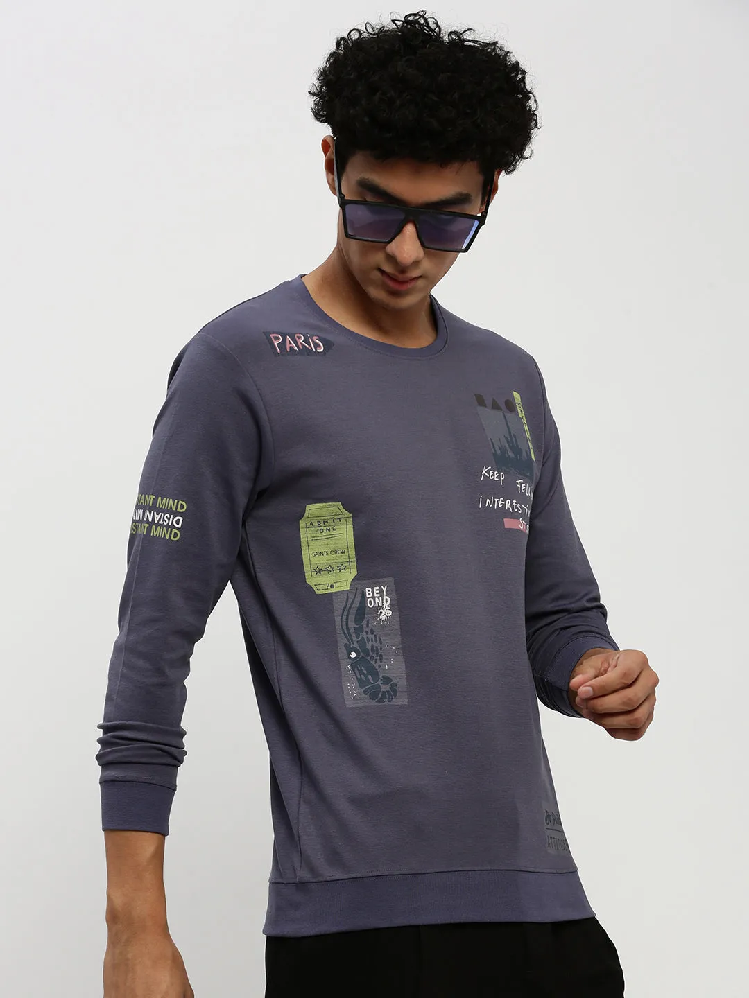 Trendy Vibes patch accents Men's Navy Blue Printed Round Neck Cotton Sweatshirt