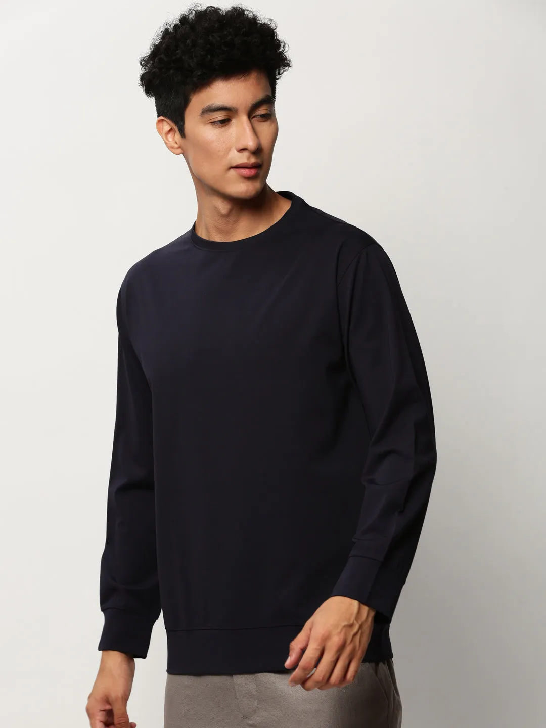 Fashion Layering Men's Navy Blue Round Neck Cotton Pullover