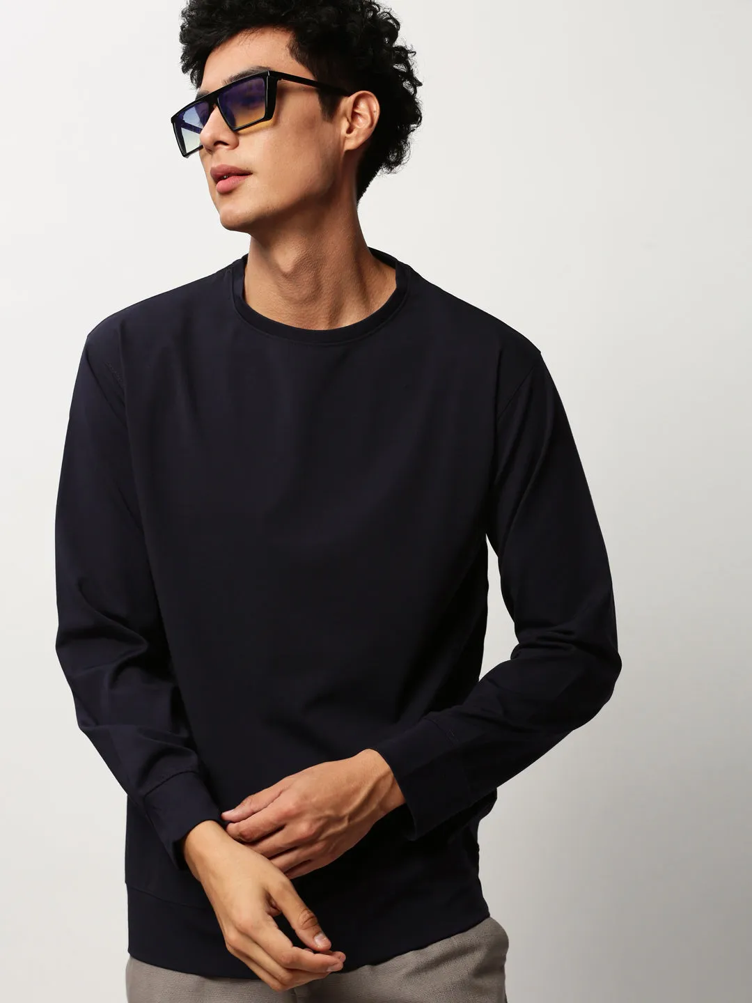 Cuffed Sleeves Street Essential Men's Navy Blue Round Neck Cotton Pullover