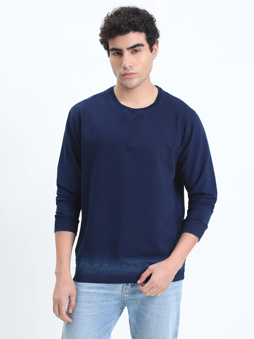 sequin product safety Men's Navy Blue Round Neck Ribbed Sweatshirt