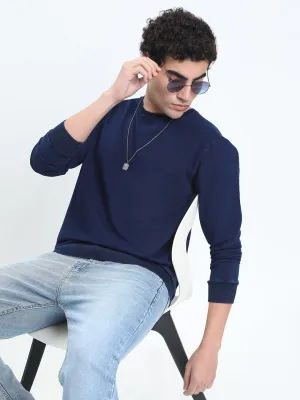 Urban Comfort Cozy And Stylish Men's Navy Blue Round Neck Ribbed Sweatshirt