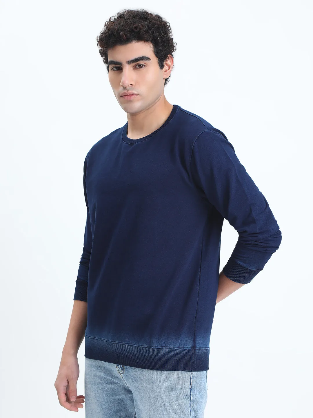 Gym Wear Pockets Men's Navy Blue Round Neck Ribbed Sweatshirt