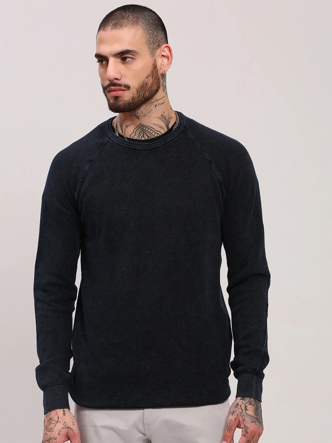 Modern Basic Men's Navy Blue Self Design Pullover Sweater