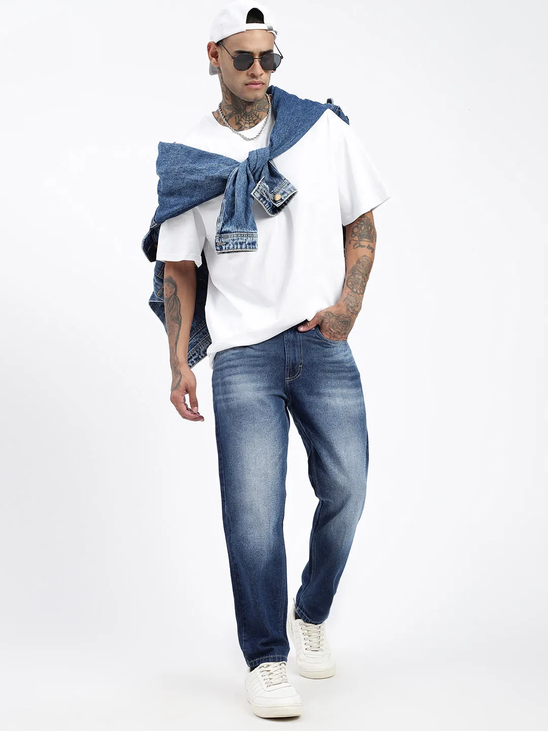 Men's Navy Blue Slim Fit Cropped Jeans Anti Slip Waistband