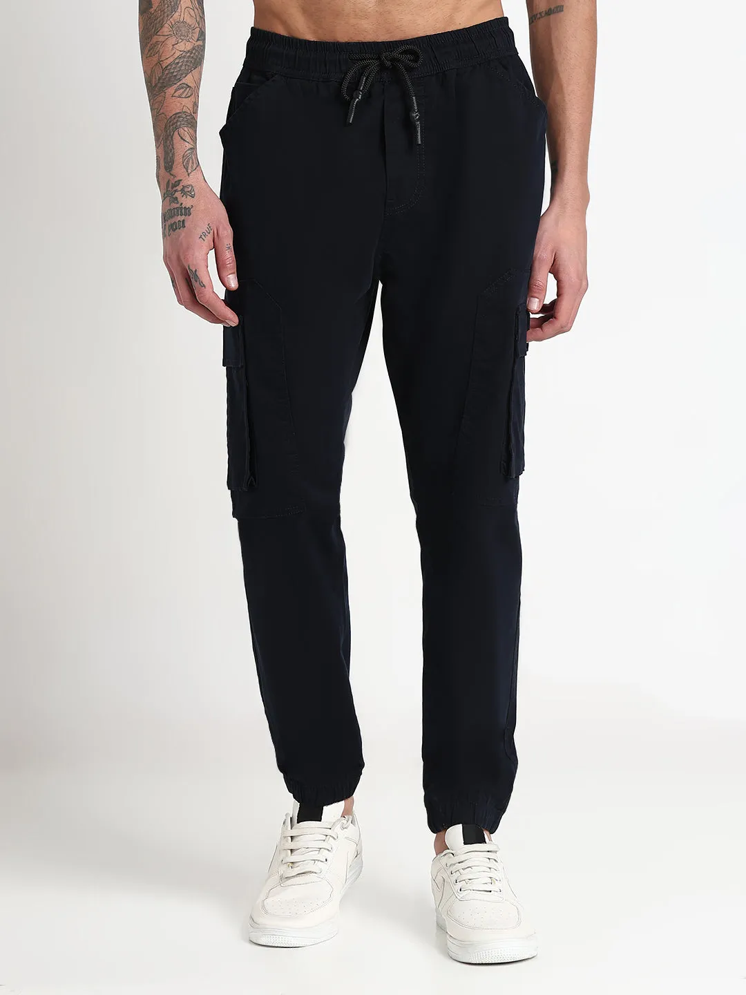Men's Navy Blue Solid Cargo Joggers Relaxed Cut