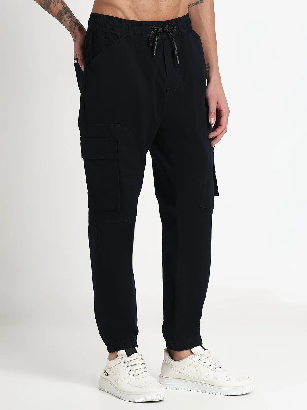 SoftCottonBlend Reflective details Men's Navy Blue Solid Cargo Joggers