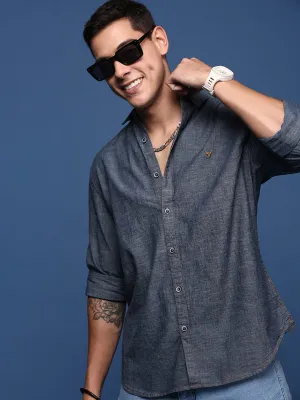 Men's Navy Blue Solid Cotton Standard Slim Fit Casual Shirt Clean Fit