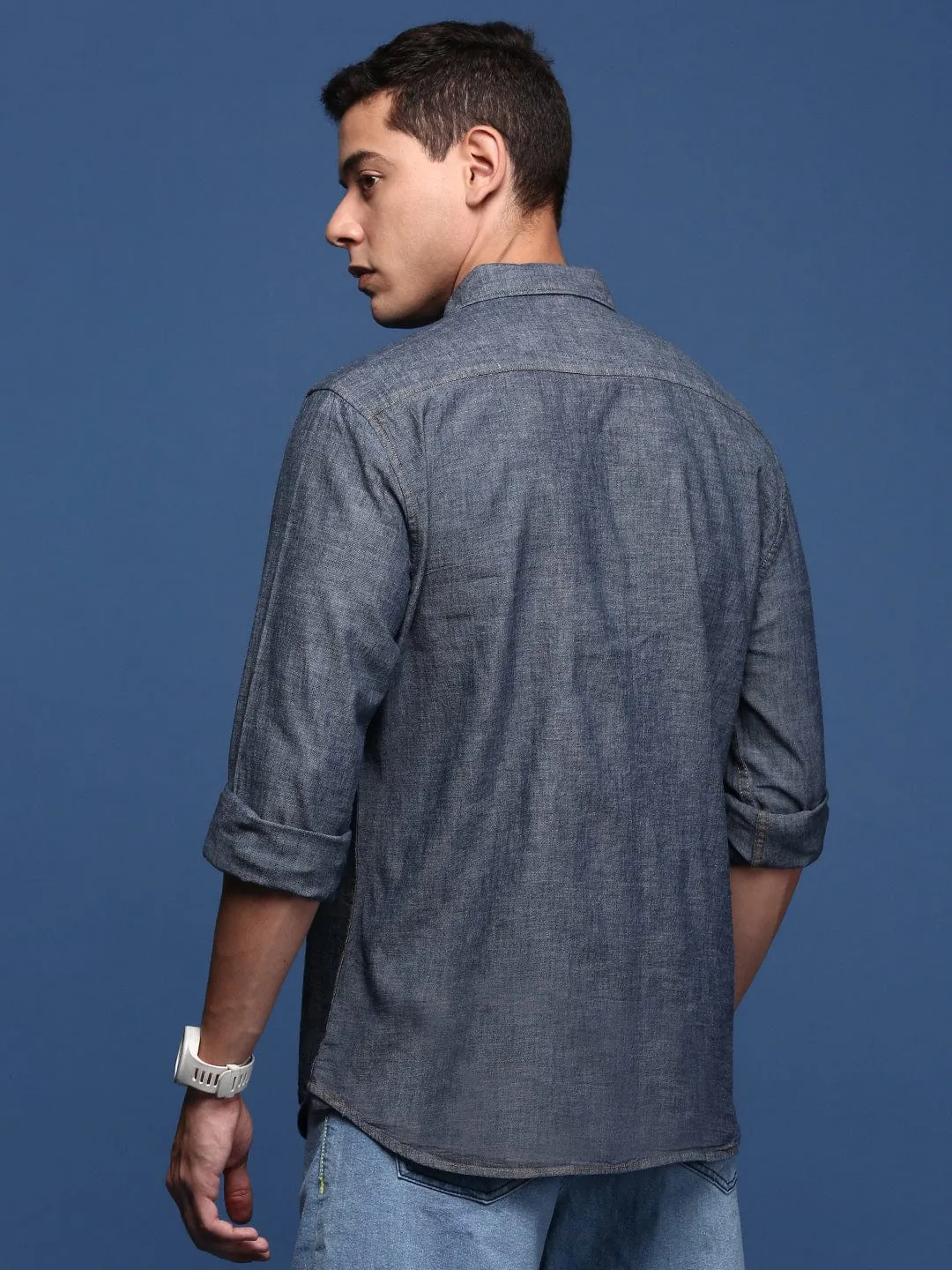 Linen Soul UVProtective Coating Men's Navy Blue Solid Cotton Standard Slim Fit Casual Shirt