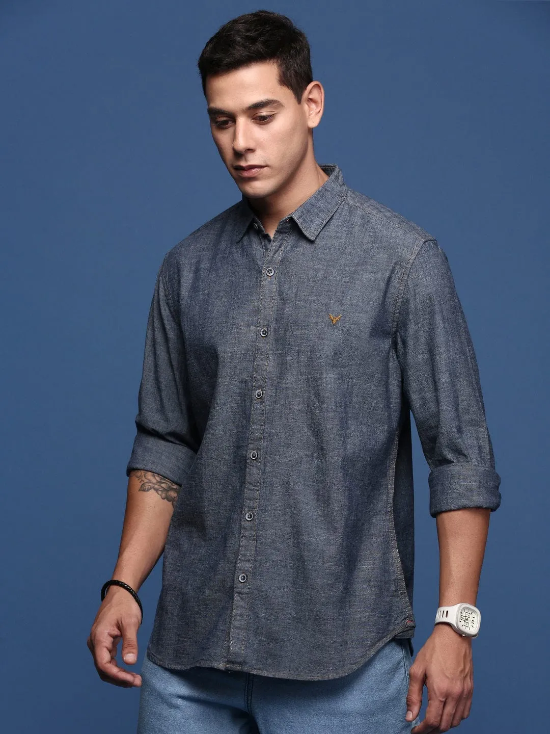 Men's Navy Blue Solid Cotton Standard Slim Fit Casual Shirt SeamFreeEngineering