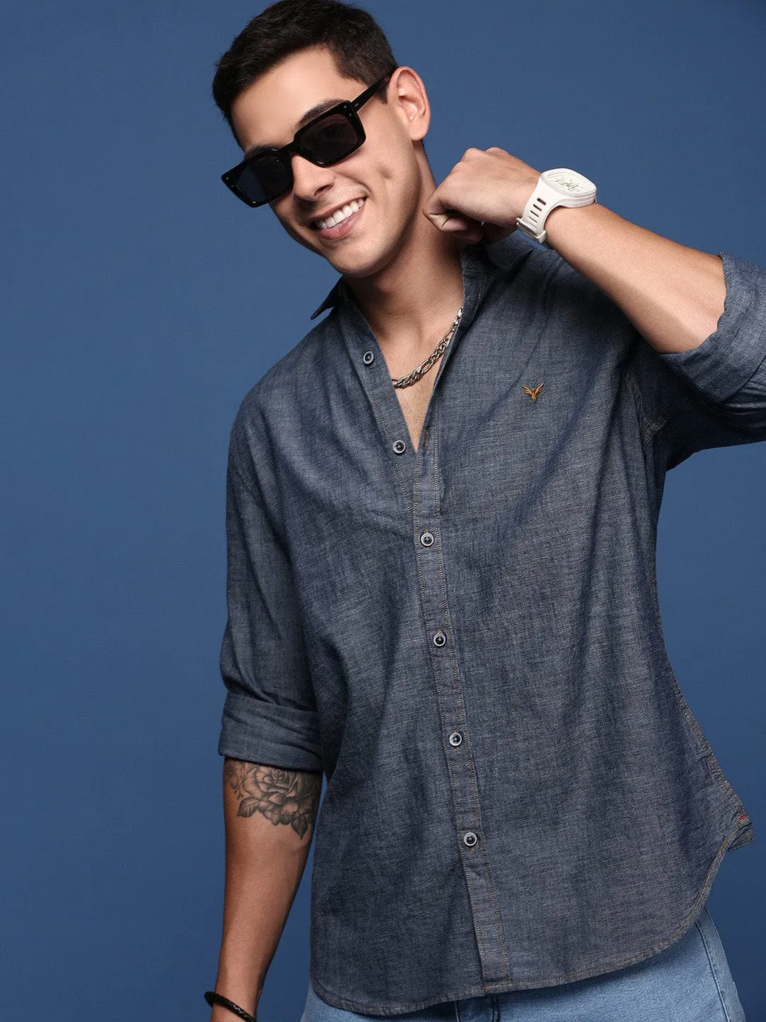 Men's Navy Blue Solid Cotton Standard Slim Fit Casual Shirt Clean Fit