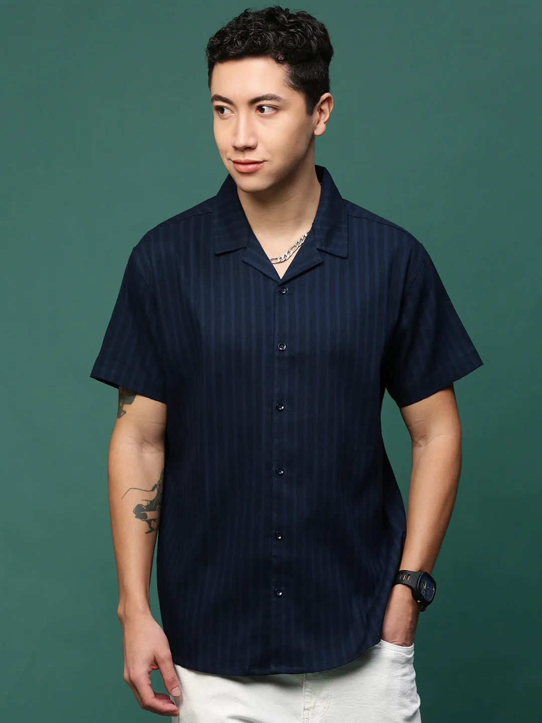 Mesh Glow Men's Navy Blue Solid Cuban Collar Shirt