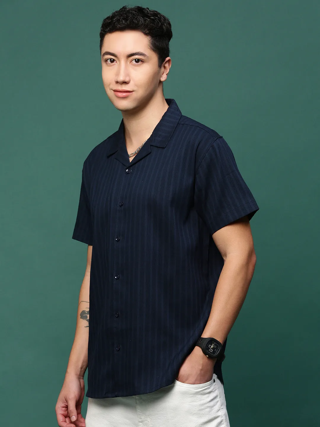 WaterRepellent Surface Men's Navy Blue Solid Cuban Collar Shirt