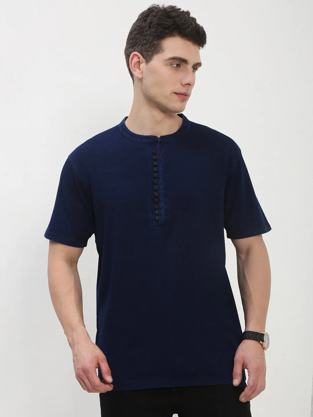 Men's Navy Blue Solid Henley Collar T-Shirt Fresh Relaxed product mountain style allure