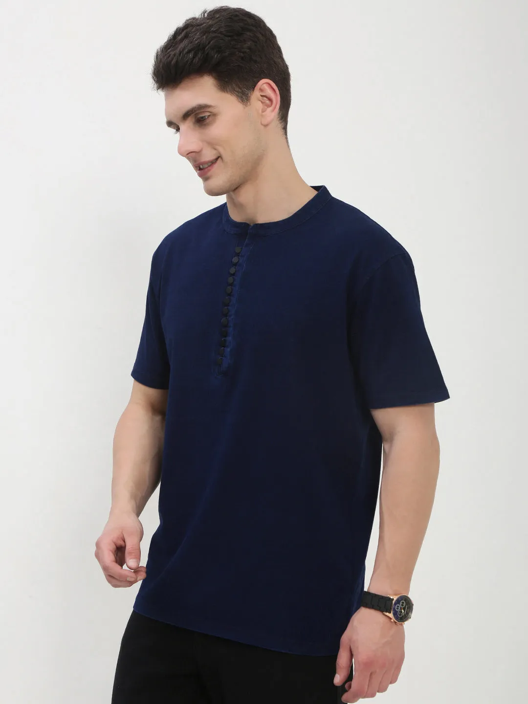 Men's Navy Blue Solid Henley Collar T-Shirt Stylish Wear Soft Touch Fabric