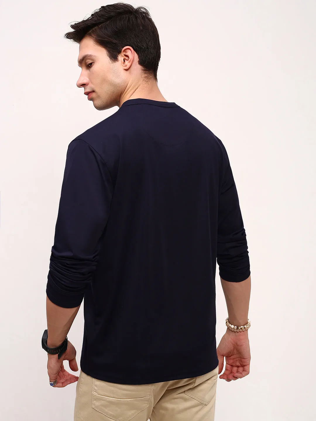 Modern Fit Men's Navy Blue Solid Henley Neck Cotton T-Shirt