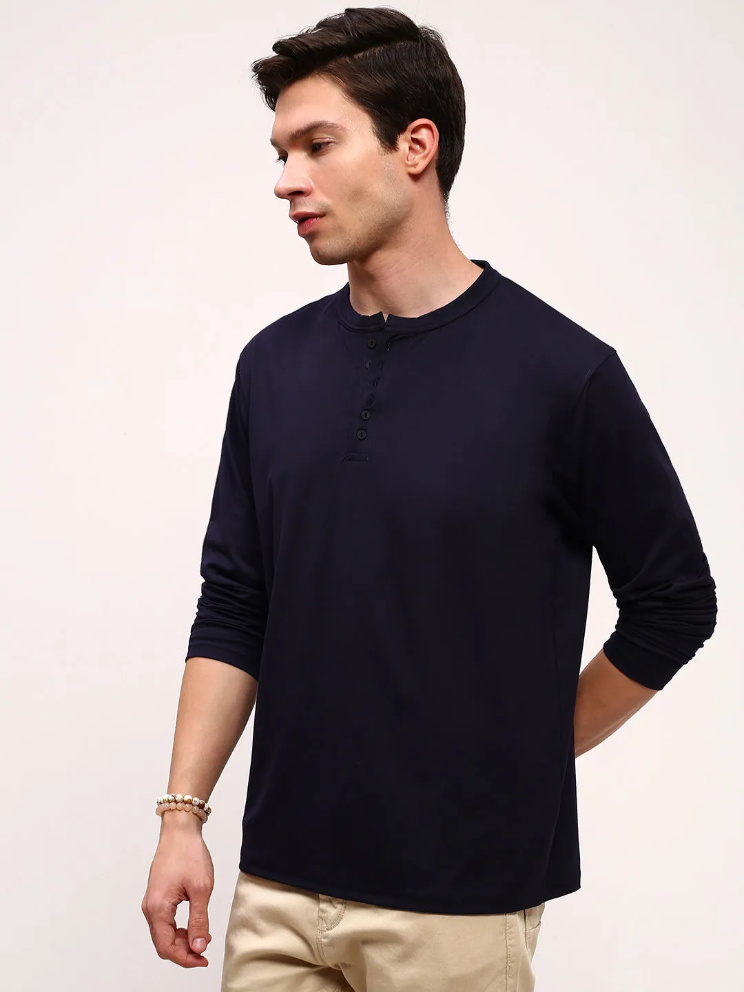 Men's Navy Blue Solid Henley Neck Cotton T-Shirt Easy Wear