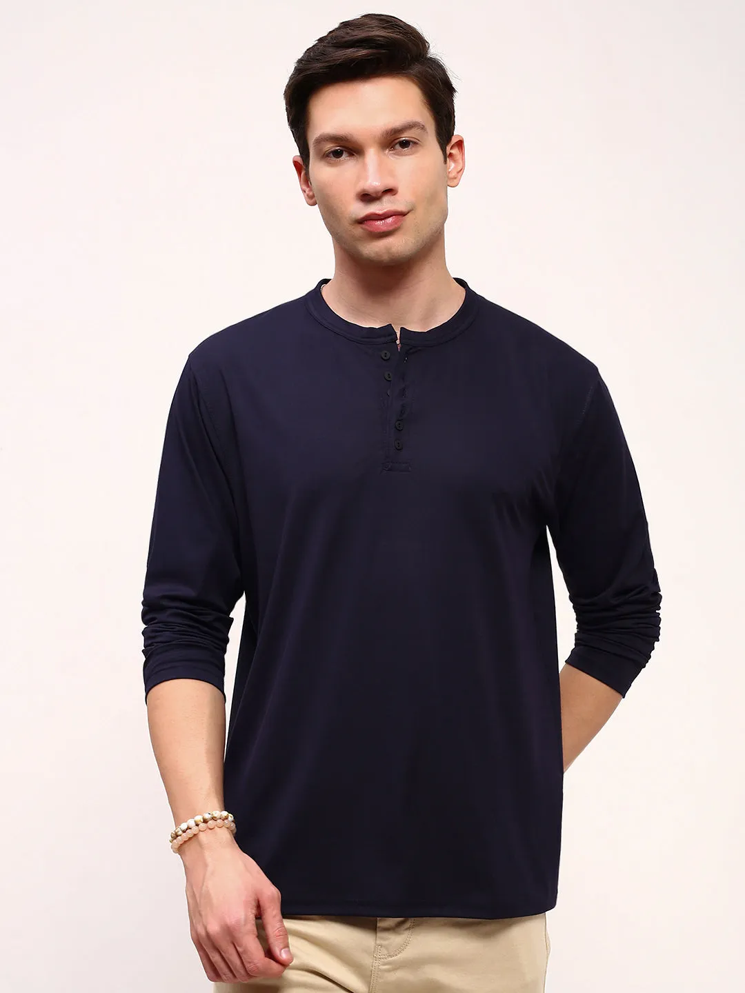 Men's Navy Blue Solid Henley Neck Cotton T-Shirt product dancing suitability