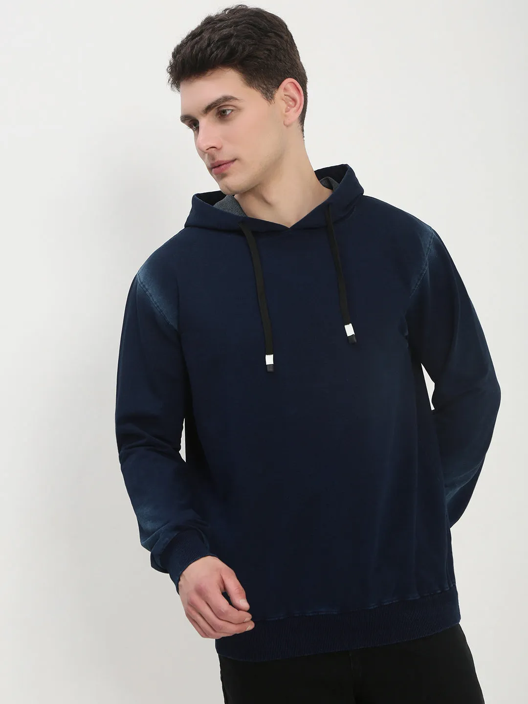 Men's Navy Blue Solid Hooded Sweatshirt rhinestone accents Casual Layer