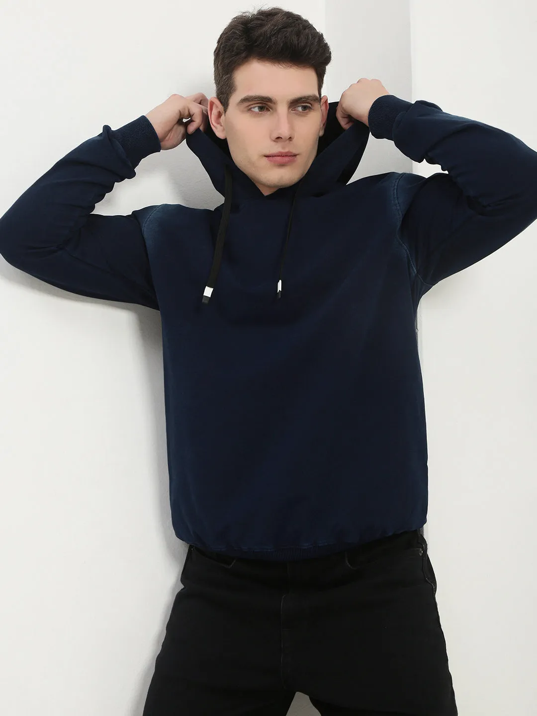 Stylish Fit product clearance Men's Navy Blue Solid Hooded Sweatshirt