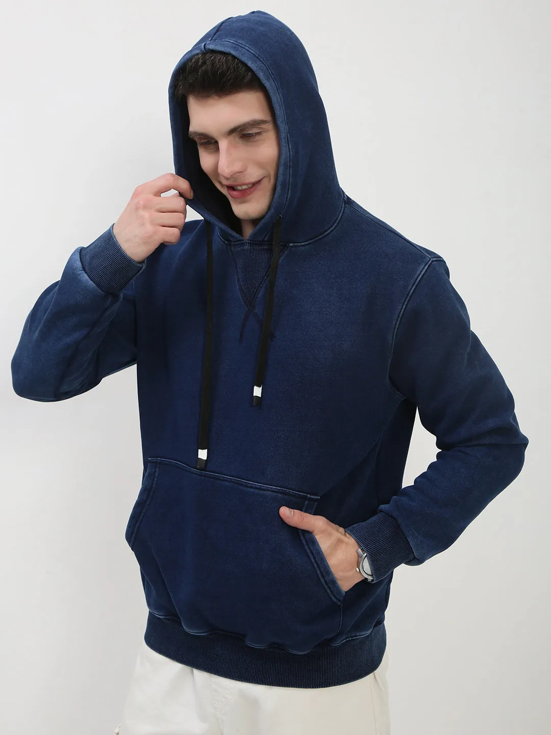 Men's Navy Blue Solid Hooded Sweatshirt Spring Wear