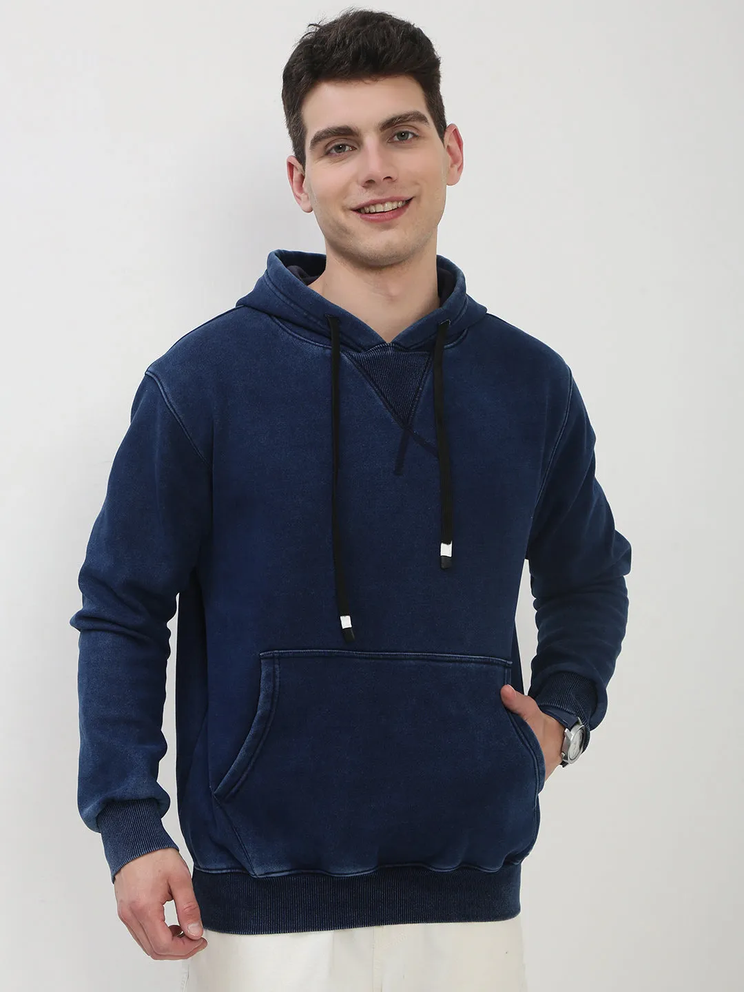 Men's Navy Blue Solid Hooded Sweatshirt Running Gear